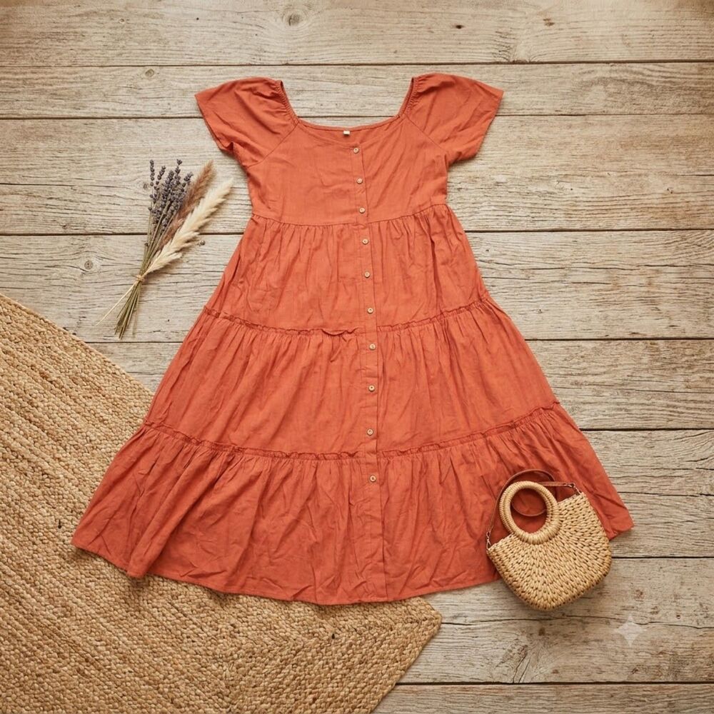 Women's Unbranded Rust Orange Tiered Midi Dress Button Front Size XL